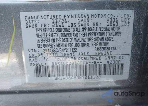 2022 Nissan Sentra Sv Xtronic Cvt z USA, uszkodzony, nr VIN 3N1AB8CV9NY211122